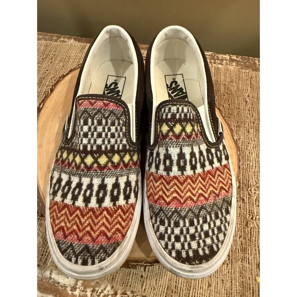 Vans Classic Slip On Fair Isle Brown Woven Textile Shoes Size Men 7 Women's 8.5 - Picture 2 of 13